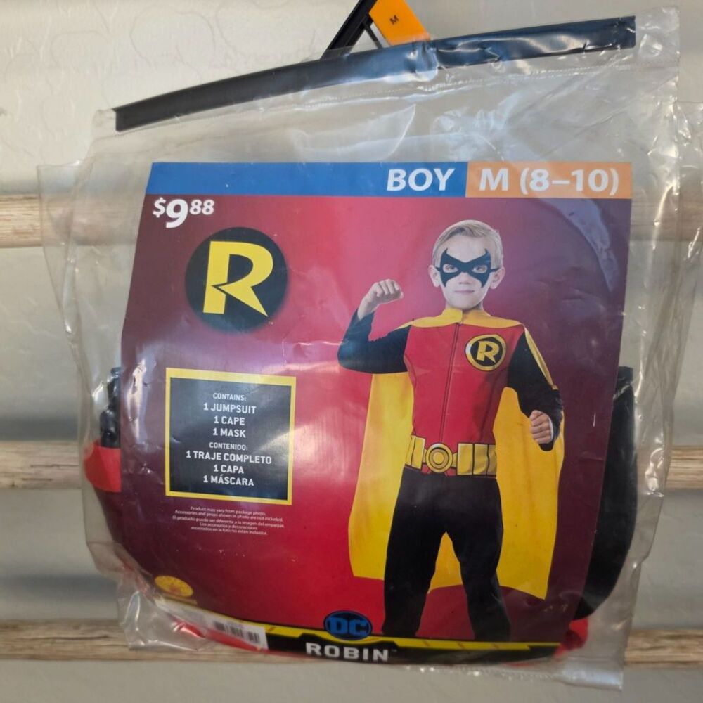 Rubies DC Comics Robin Costume Boys M 8-10 Jumpsuit Cape Mask Halloween NEW